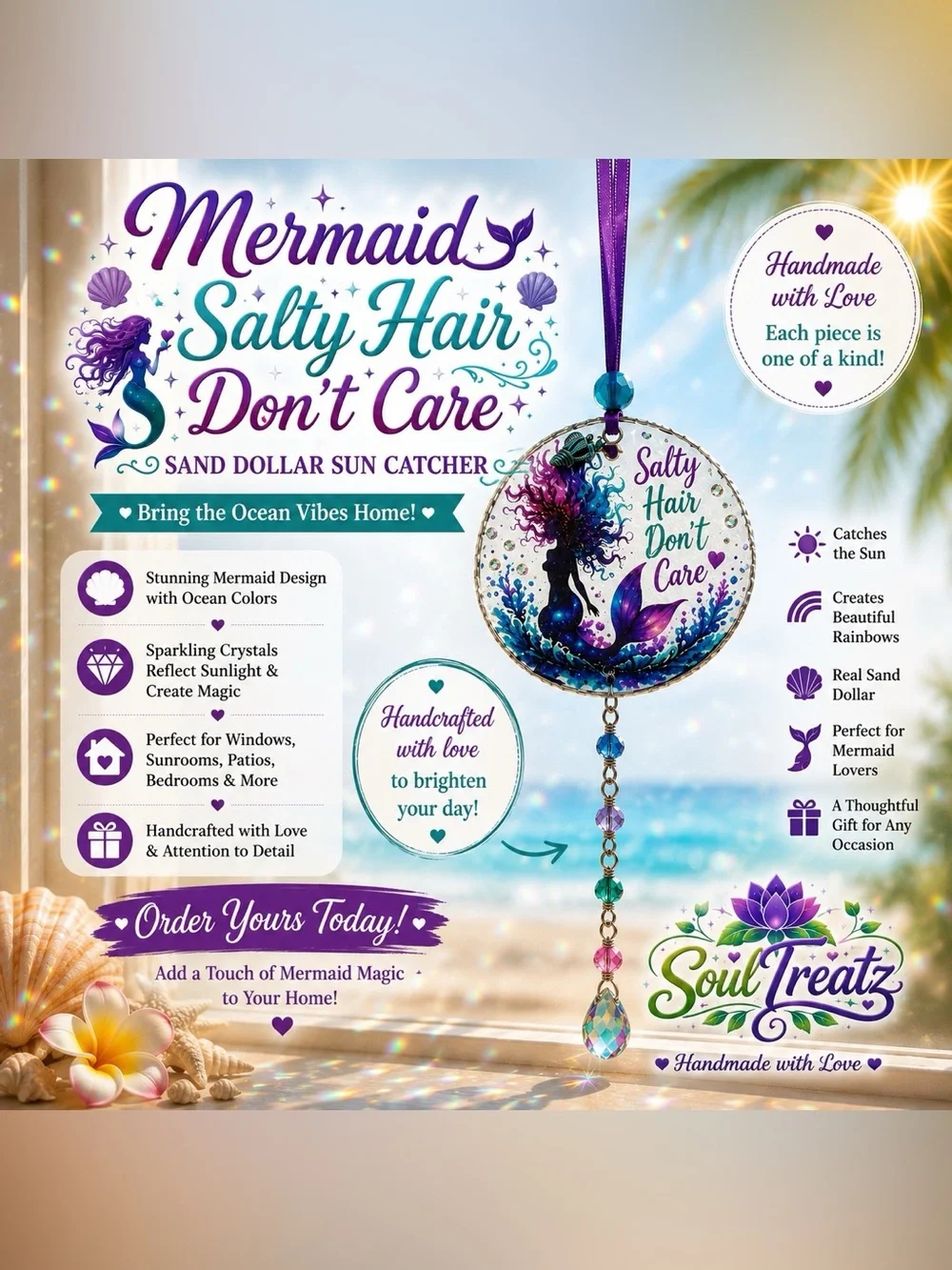 Decoupage Mermaid Crystal Sun Catcher — Purple & Teal Decorative Wall Hanging